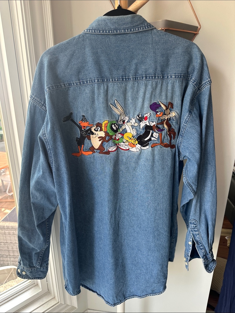 VINTAGE 90s Warner Brothers Looney Tunes Men's Blue Denim Shirt Embroidery Sz XL